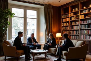 Salle de lecture chaleureuse à Paris, membres en train de discuter