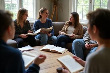 Atelier de lecture en groupe, membres échangeant autour de romans récents à Paris